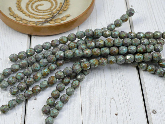 Rustic Turquoise Picasso Czech Glass Beads - 6mm Fire Polished Faceted Round Beads - (25pcs)