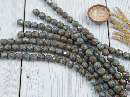 Rustic Turquoise Picasso Czech Glass Beads - 6mm Fire Polished Faceted Round Beads - (25pcs)