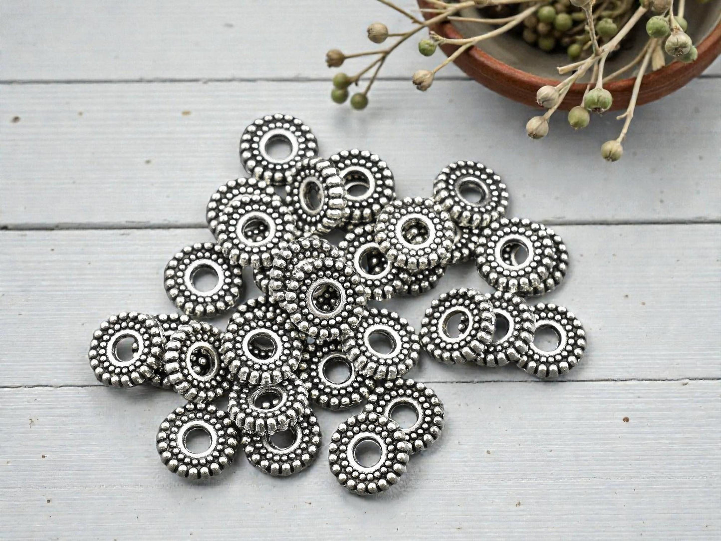 *50* 7x2mm Antique Silver Ridged Rondelle Beads