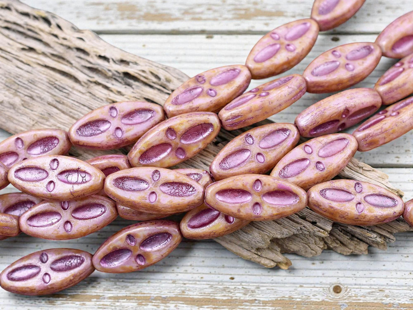 *10* 20x9mm Metallic Dark Pink Washed Pink Alabaster Picasso Marquise Oval Beads
