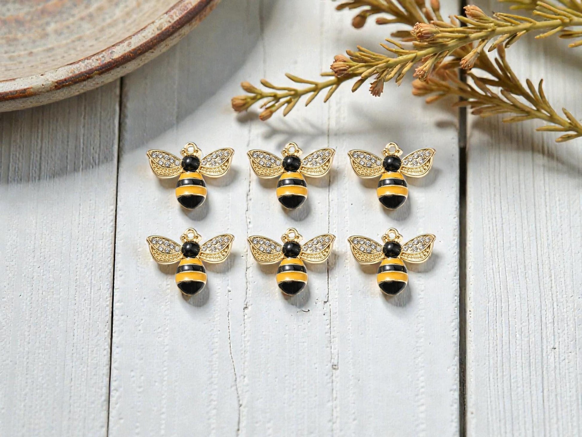 Gold Plated Bumble Bee Enamel Charms - 15x12mm - 6pcs - (1771)
