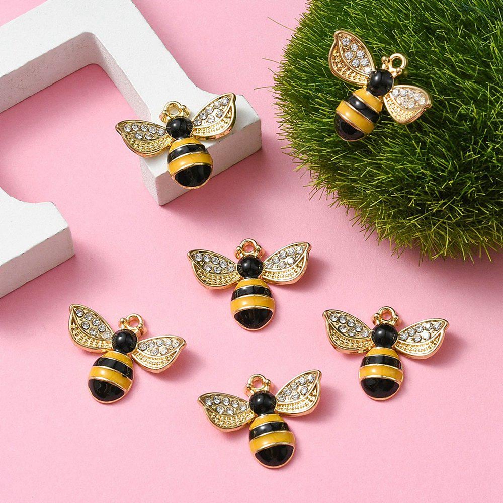 Gold Plated Bumble Bee Enamel Charms - 15x12mm - 6pcs - (1771)
