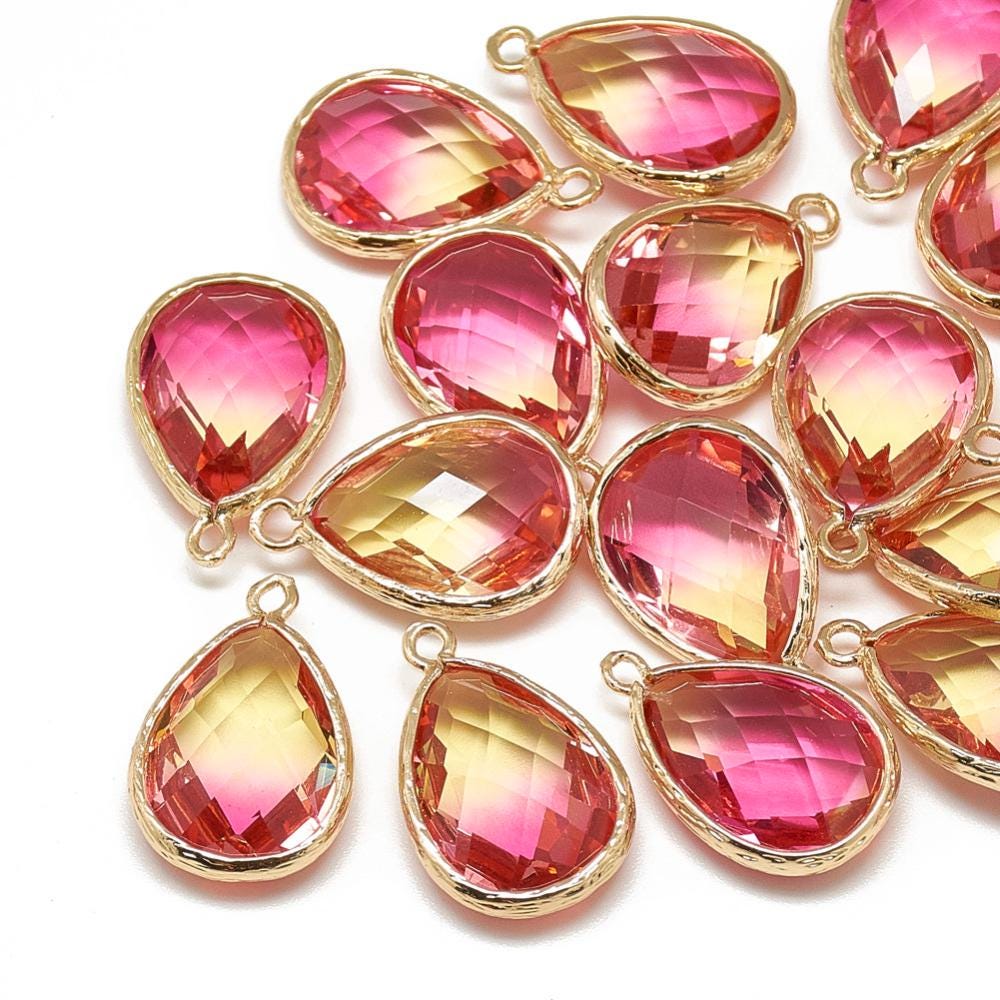 Gold Pendant - Glass Pendants - Bezel Pendant - Teardrop Pendant - 23x15mm - 5pcs - (A403)