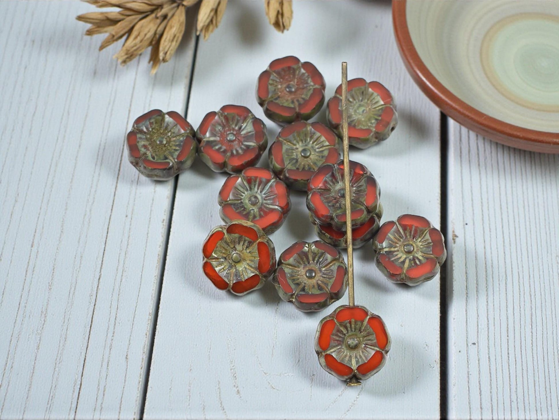 Picasso Beads - Czech Glass Beads - Hawaiian Flower Beads - Czech Glass Flowers - 12mm - 12pcs - (A459)