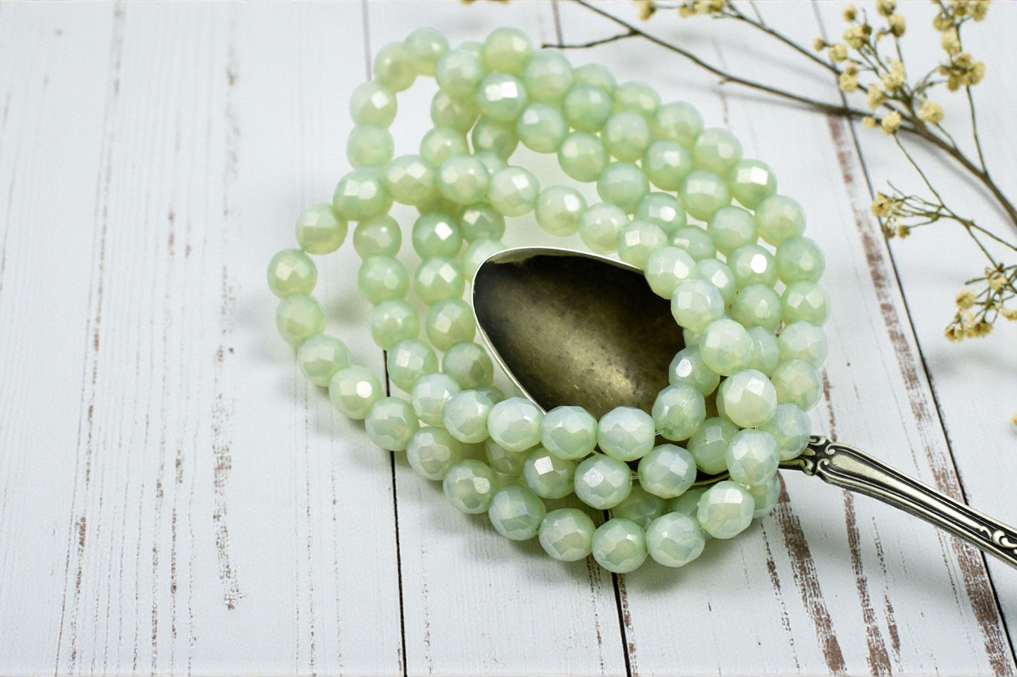 *20* 8mm Sage Opaline Luster Fire Polished Round Beads