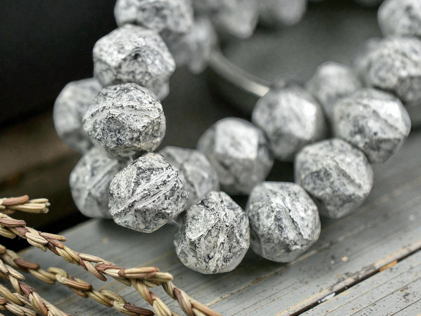 *15* 10mm Antique Silver Washed Jet Black English Cut Round Beads