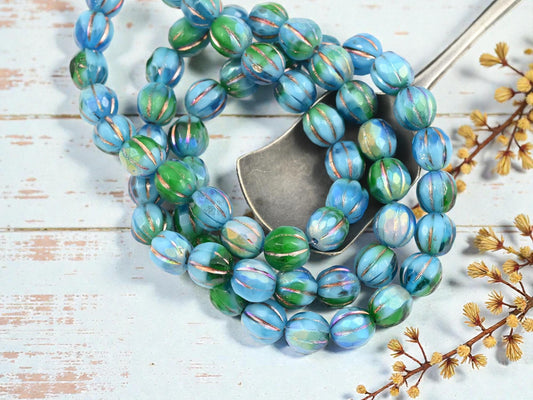 Czech Glass Beads - Melon Beads - Faceted Melon - Picasso Beads - Round Beads - 8mm - 20pcs (A591)