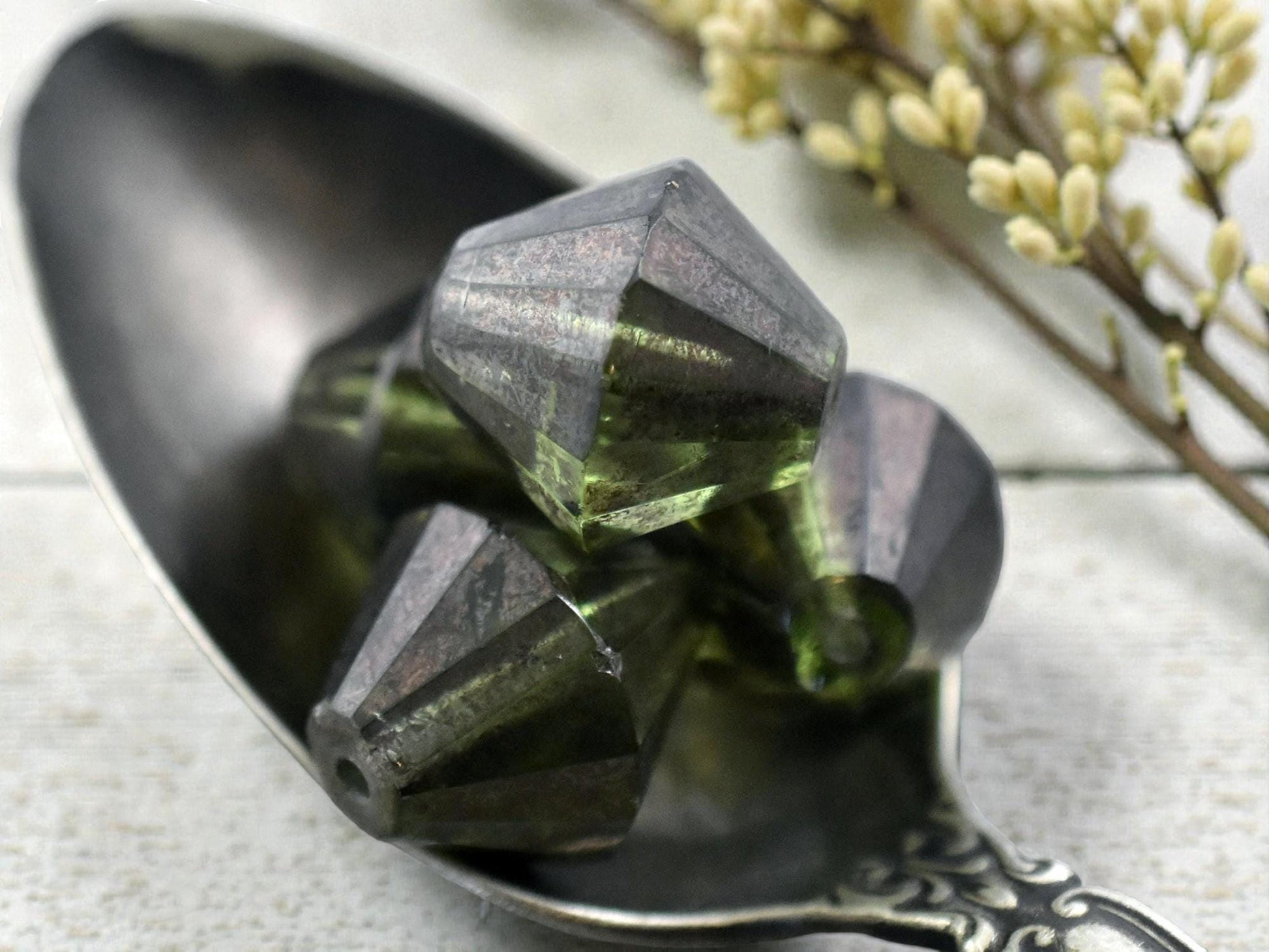 *2* 15mm Bronze Washed Olive Green Picasso Faceted Bicone Beads