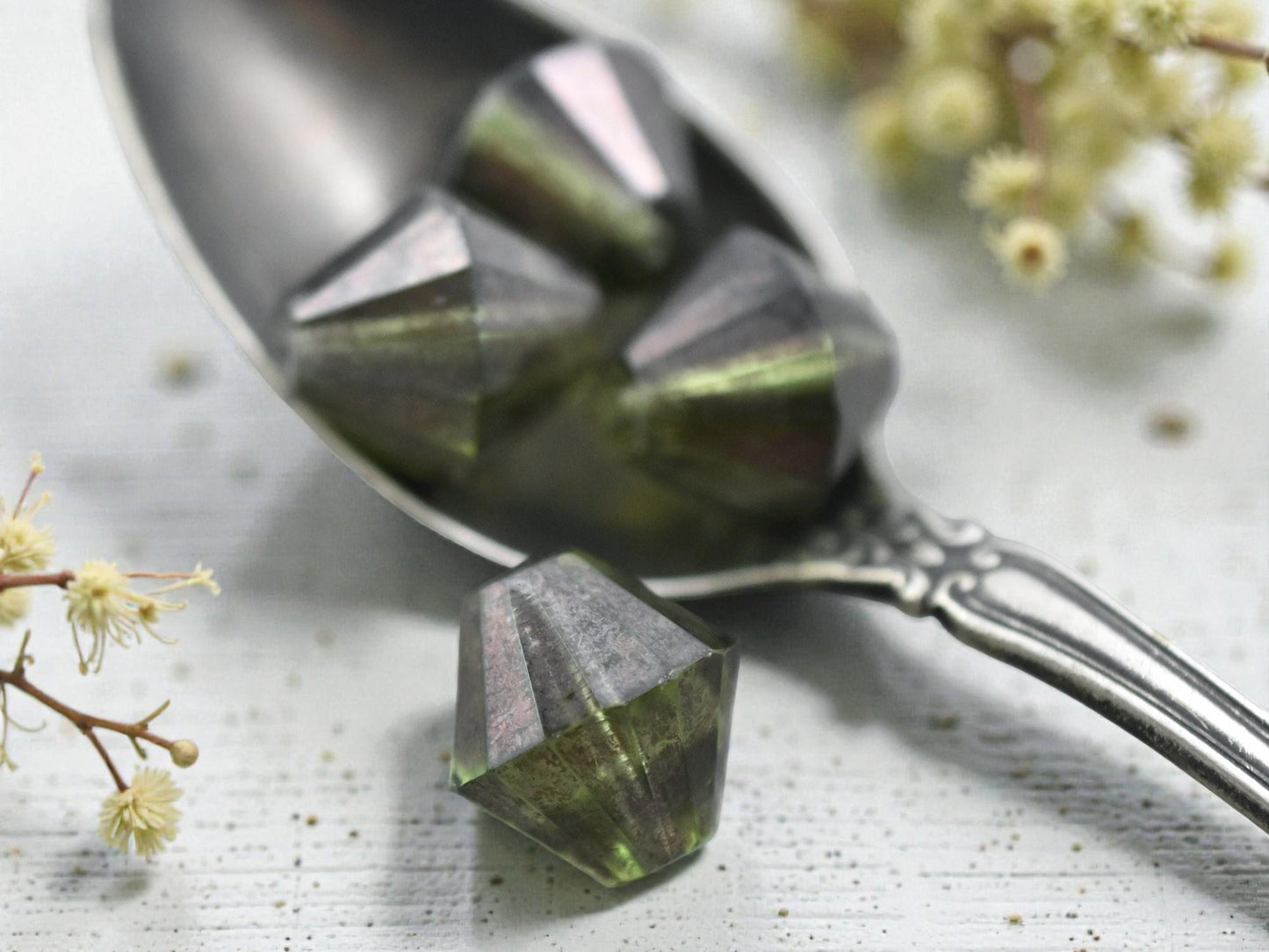 *2* 15mm Bronze Washed Olive Green Picasso Faceted Bicone Beads
