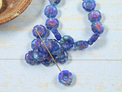 Czech Glass Beads - Hawaiian Flower Beads - Czech Flowers - Picasso Beads - 12mm - 12pcs - (A587)