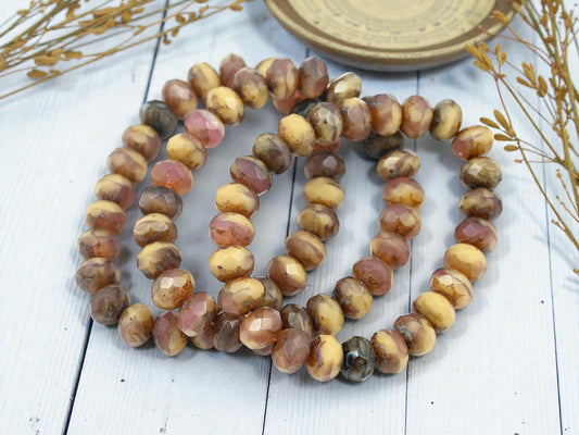 Czech Glass Pink Beige Brown Picasso Fire Polished Rondelle Beads - 6x8mm - 25pcs - (A462)