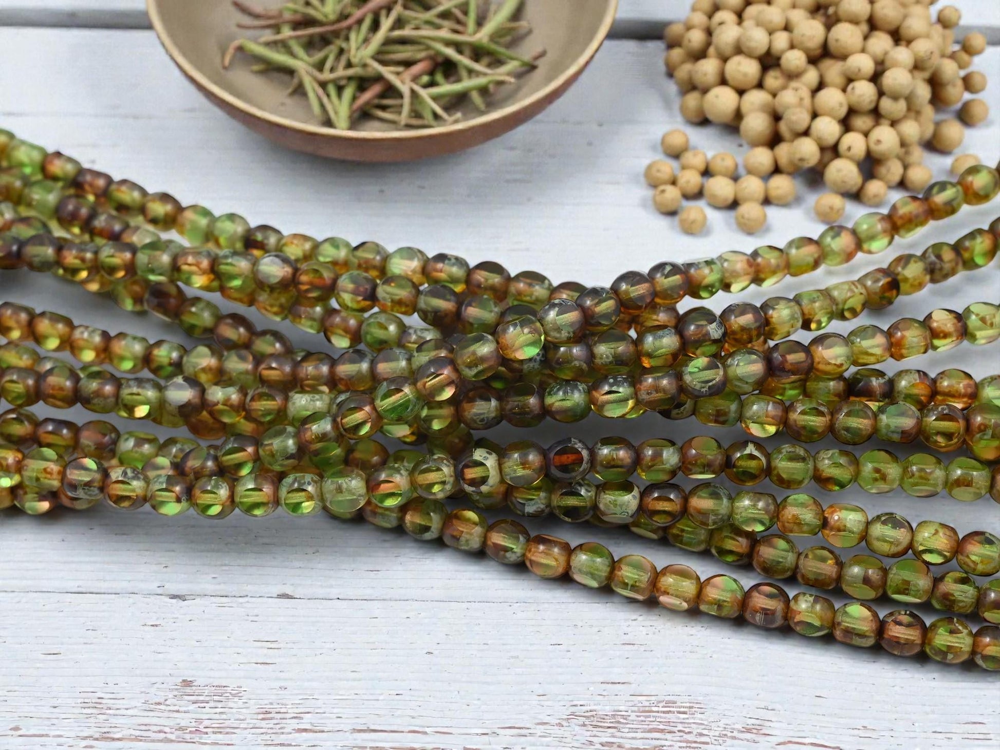 Czech Glass Beads - Picasso Beads - 3 Cut Round Beads - Old Stock Beads - 6mm - 34 Beads - (3791)