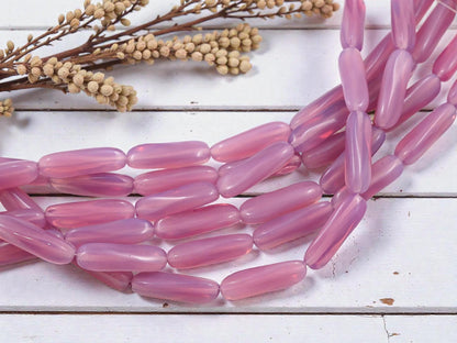 Czech Glass Beads - Tube Beads - Pink Beads - Opaline Beads - 24x7mm - 9pcs - (B642)