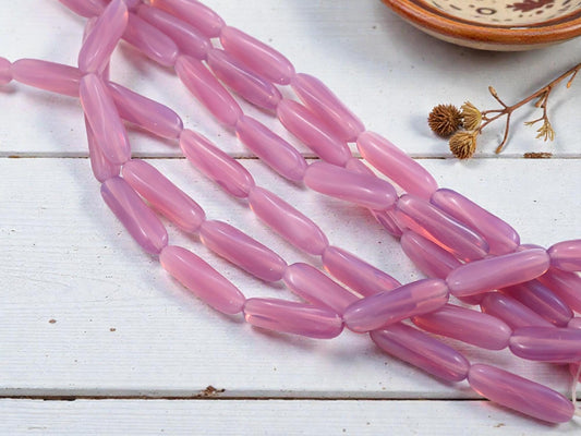 Czech Glass Beads - Tube Beads - Pink Beads - Opaline Beads - 24x7mm - 9pcs - (B642)