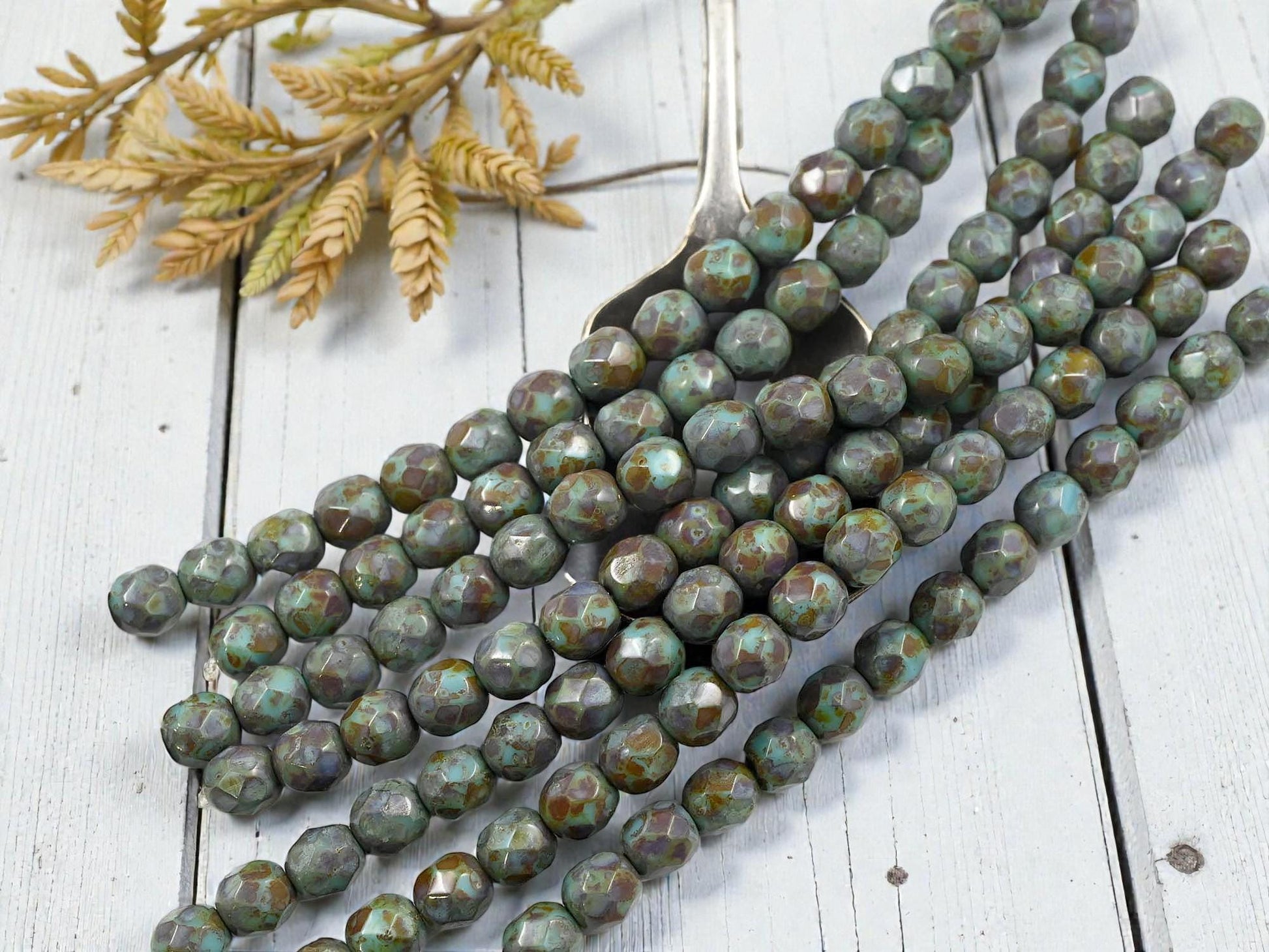 Rustic Turquoise Picasso Czech Glass Beads - 6mm Fire Polished Faceted Round Beads - (25pcs)