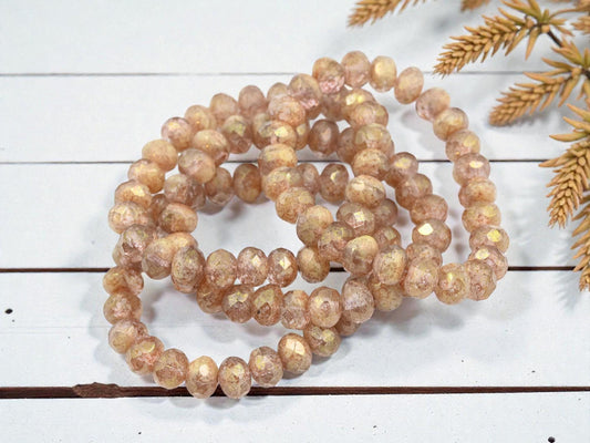 Czech Glass Faceted Rondelle Beads - Rosaline Ivory Luster Picasso - 6x9mm - 25pcs - (A418)