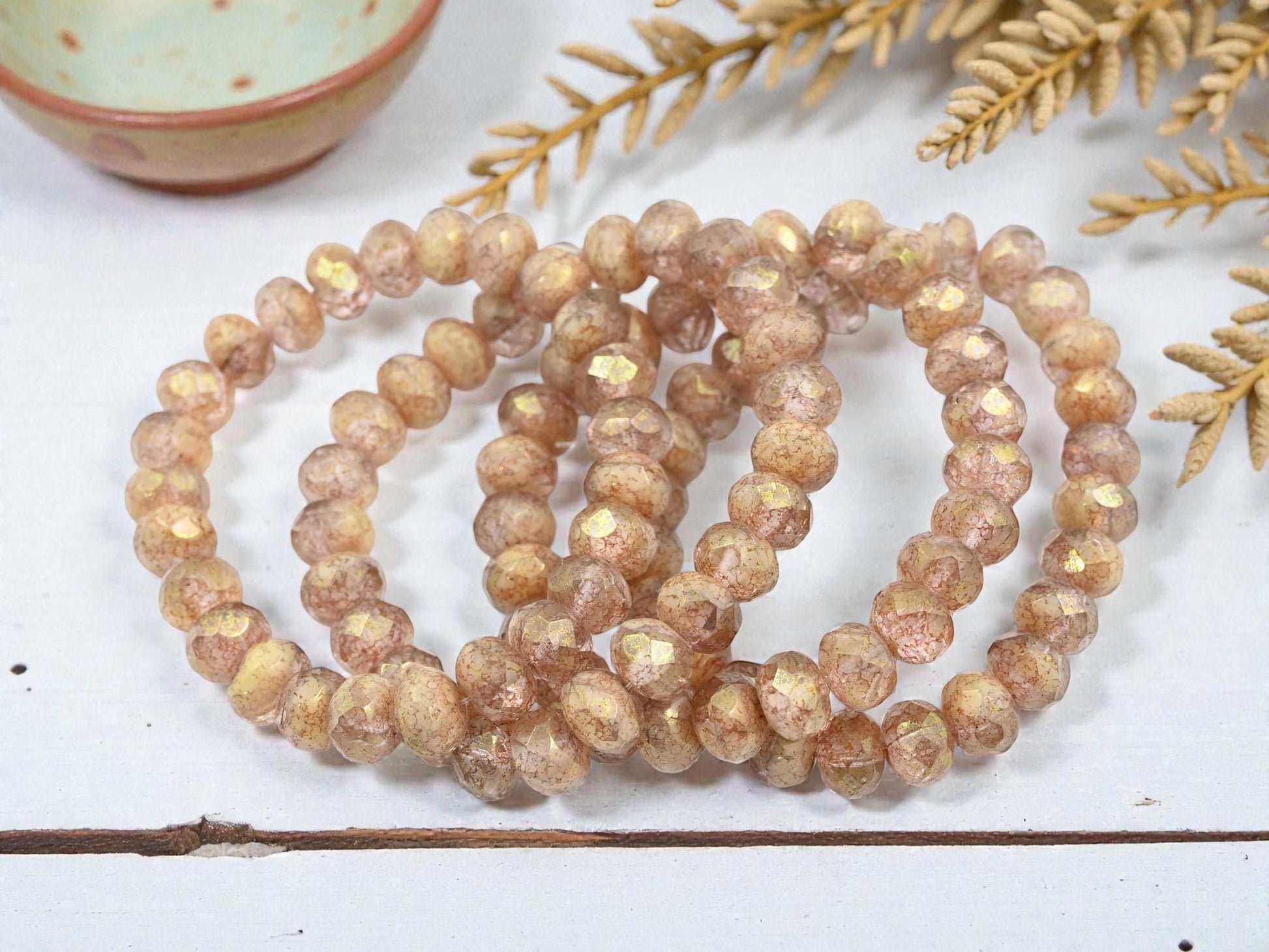 Czech Glass Faceted Rondelle Beads - Rosaline Ivory Luster Picasso - 6x9mm - 25pcs - (A418)