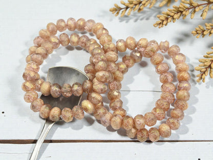 Czech Glass Faceted Rondelle Beads - Rosaline Ivory Luster Picasso - 6x9mm - 25pcs - (A418)