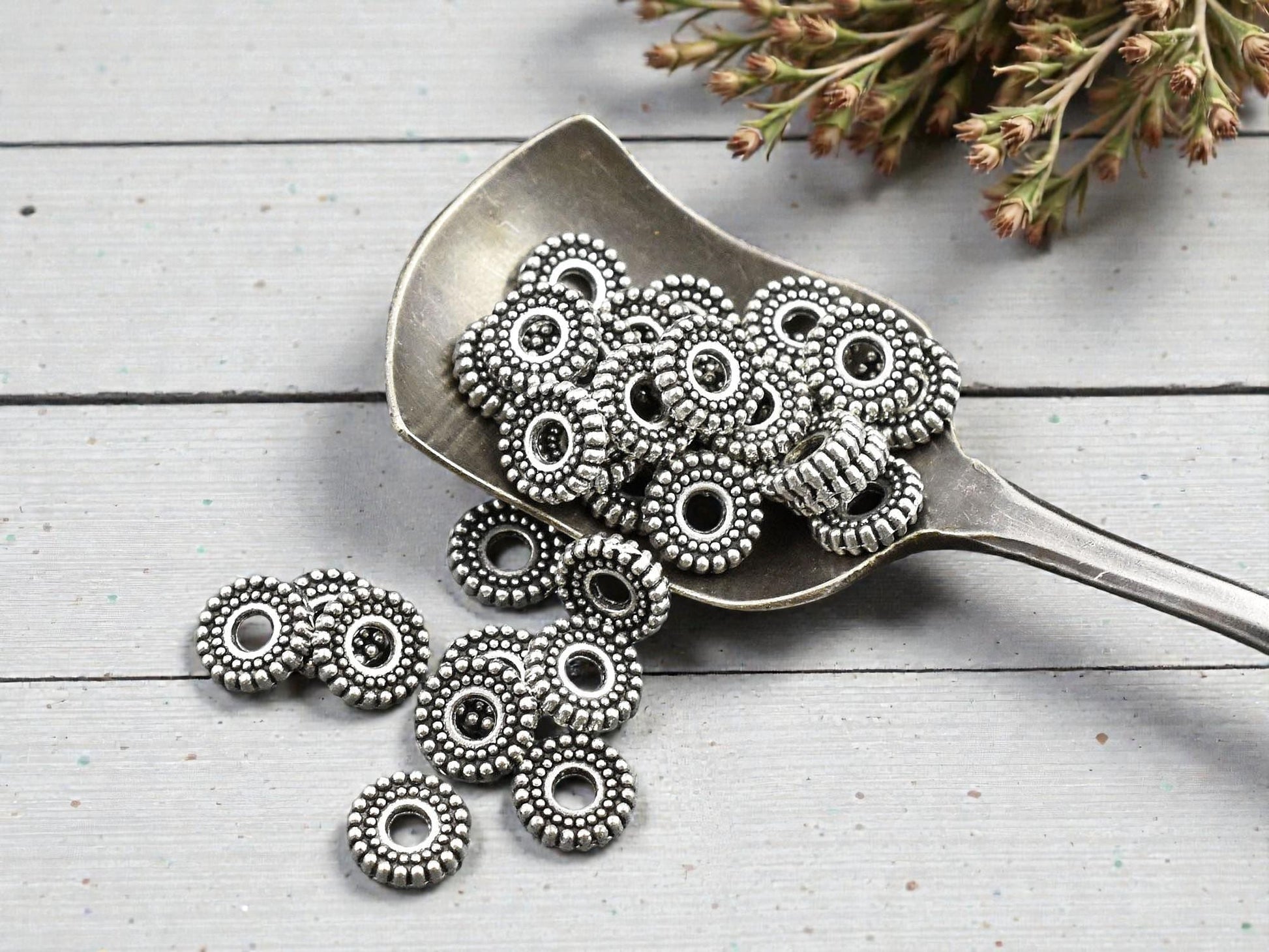 *50* 7x2mm Antique Silver Ridged Rondelle Beads