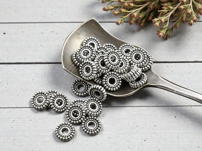 *50* 7x2mm Antique Silver Ridged Rondelle Beads