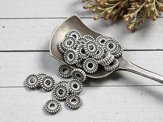 *50* 7x2mm Antique Silver Ridged Rondelle Beads