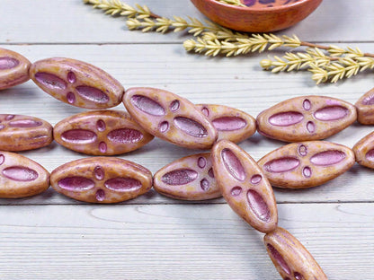 *10* 20x9mm Metallic Dark Pink Washed Pink Alabaster Picasso Marquise Oval Beads
