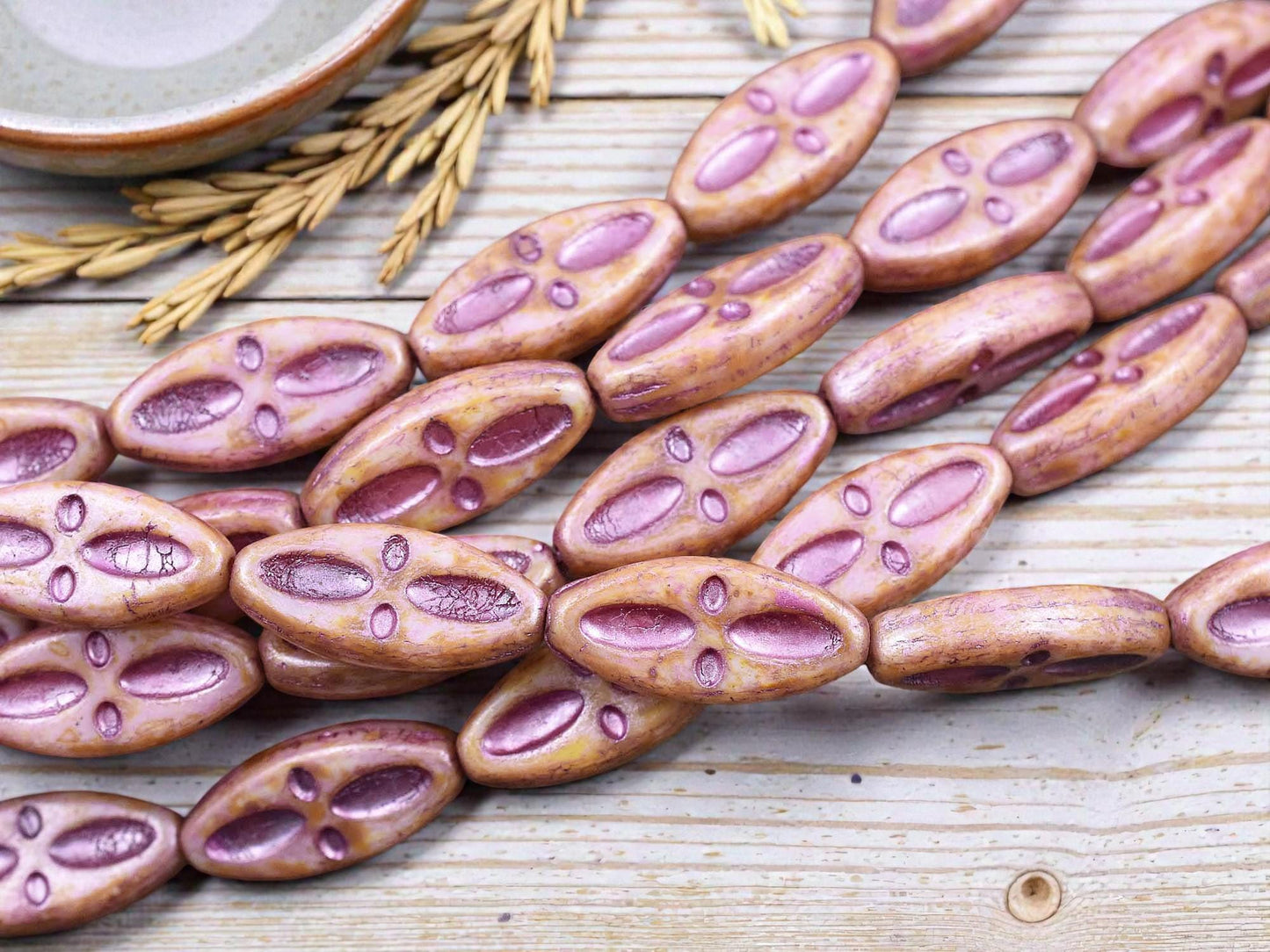 *10* 20x9mm Metallic Dark Pink Washed Pink Alabaster Picasso Marquise Oval Beads