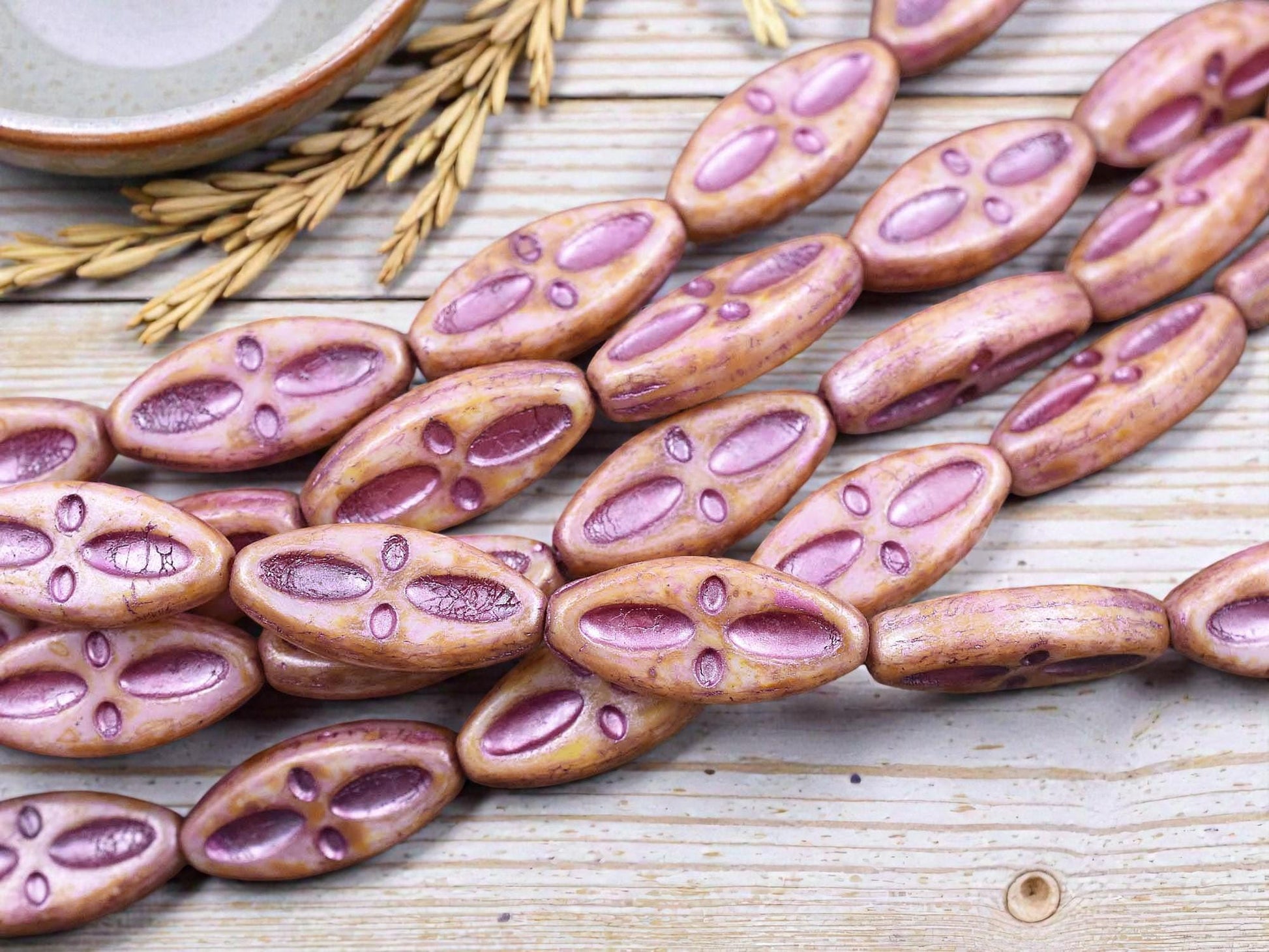 *10* 20x9mm Metallic Dark Pink Washed Pink Alabaster Picasso Marquise Oval Beads