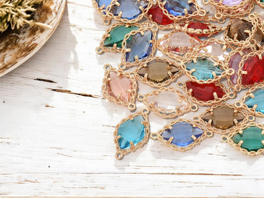 Filigree Connector Charms - Glass Connector Beads - Bezel Connectors - Gold Connectors - 22x13mm