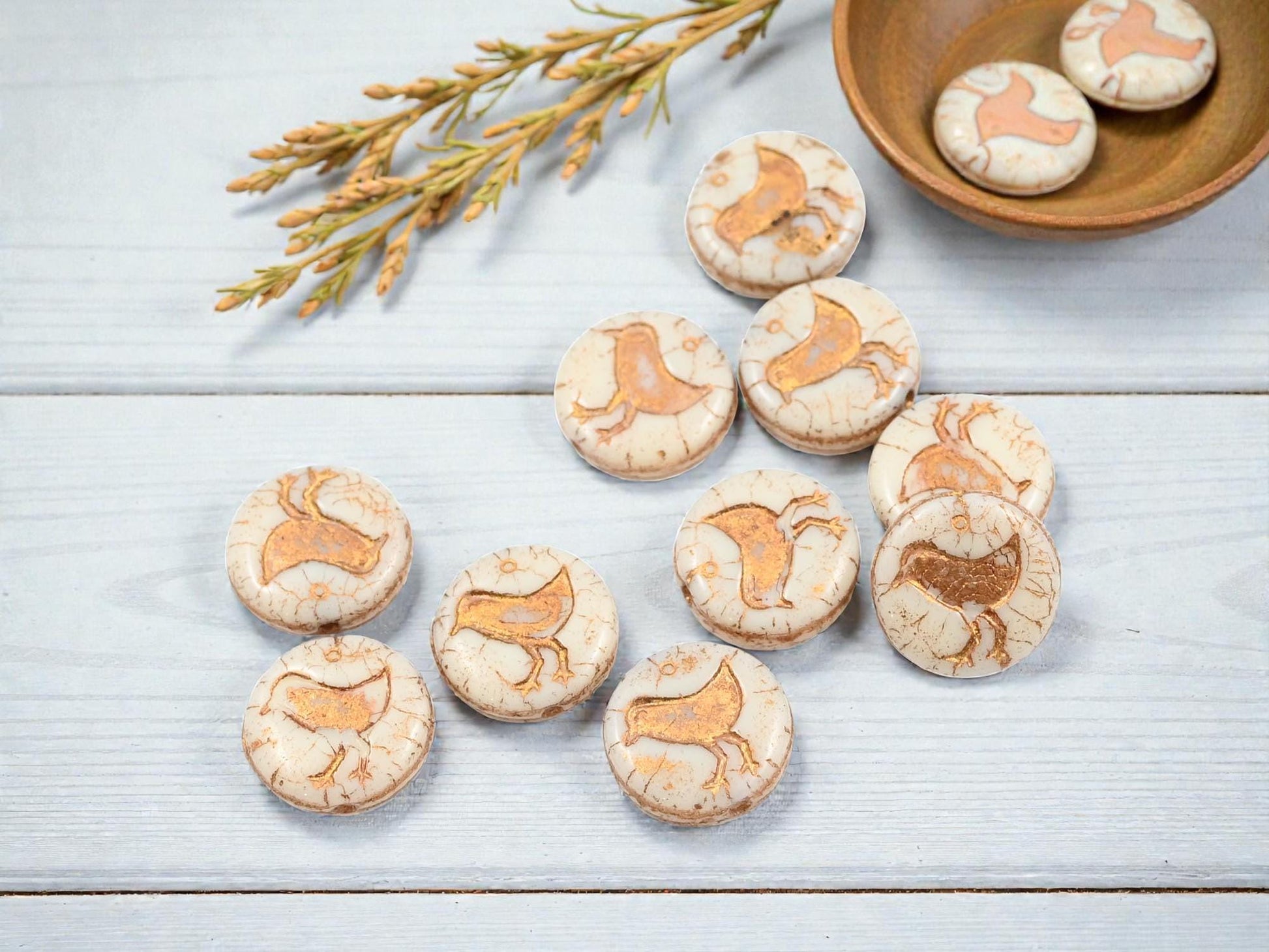 Czech Glass Beads - Picasso Beads - Bird Coin Beads - Czech Beads - 12mm - 15pcs (A423)