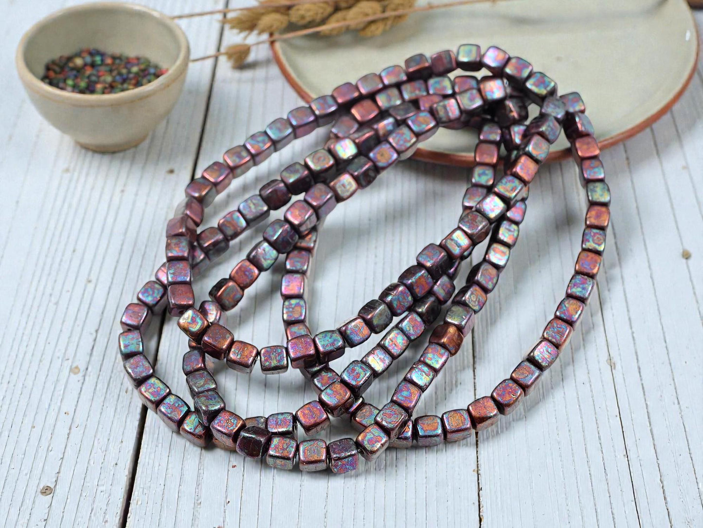 Czech Glass Cube Beads - Metallic Purple MOP - 4mm - 40pcs - (2842)