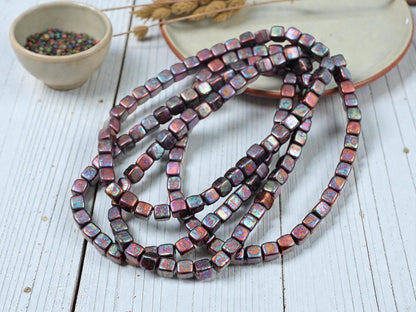 Czech Glass Cube Beads - Metallic Purple MOP - 4mm - 40pcs - (2842)