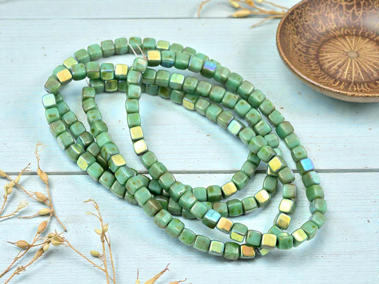 Czech Glass Cube Beads - Turquoise Picasso - 4mm - 40pcs - (5412)