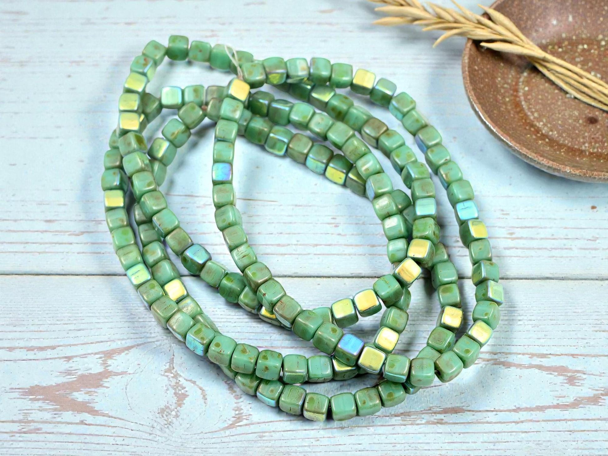 Czech Glass Cube Beads - Turquoise Picasso - 4mm - 40pcs - (5412)