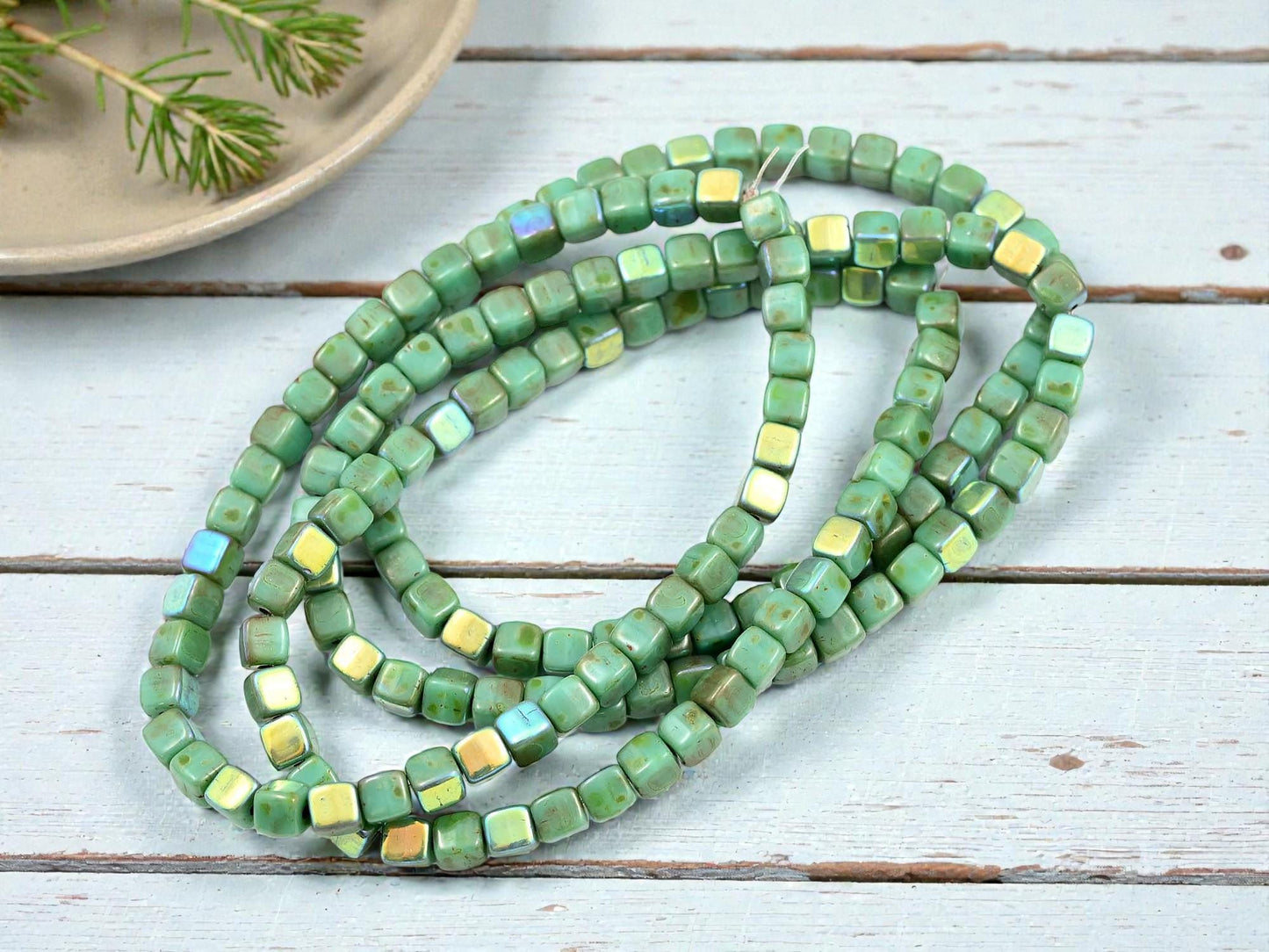 Czech Glass Cube Beads - Turquoise Picasso - 4mm - 40pcs - (5412)