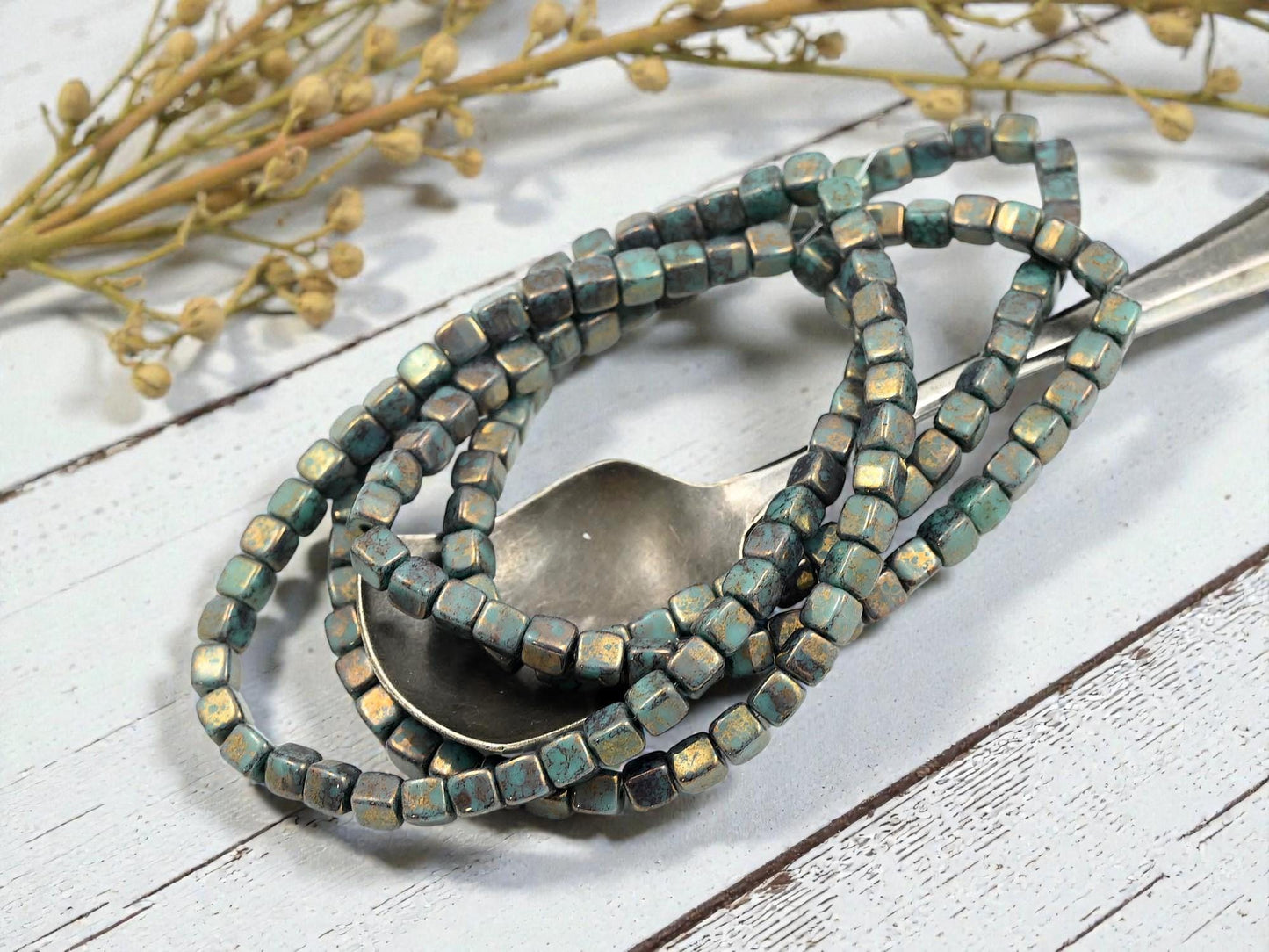 Czech Glass Cube Beads - Turquoise Bronze Picasso - 4mm - 40pcs - (132)