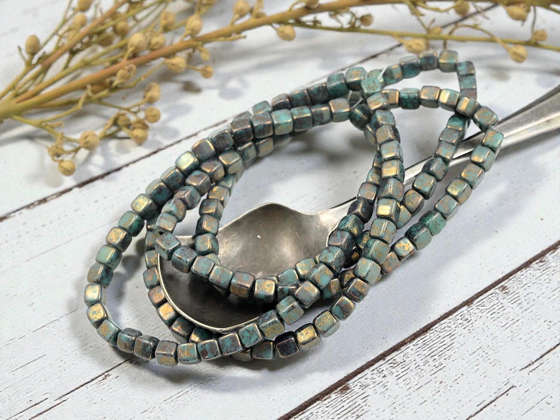 Czech Glass Cube Beads - Turquoise Bronze Picasso - 4mm - 40pcs - (132)