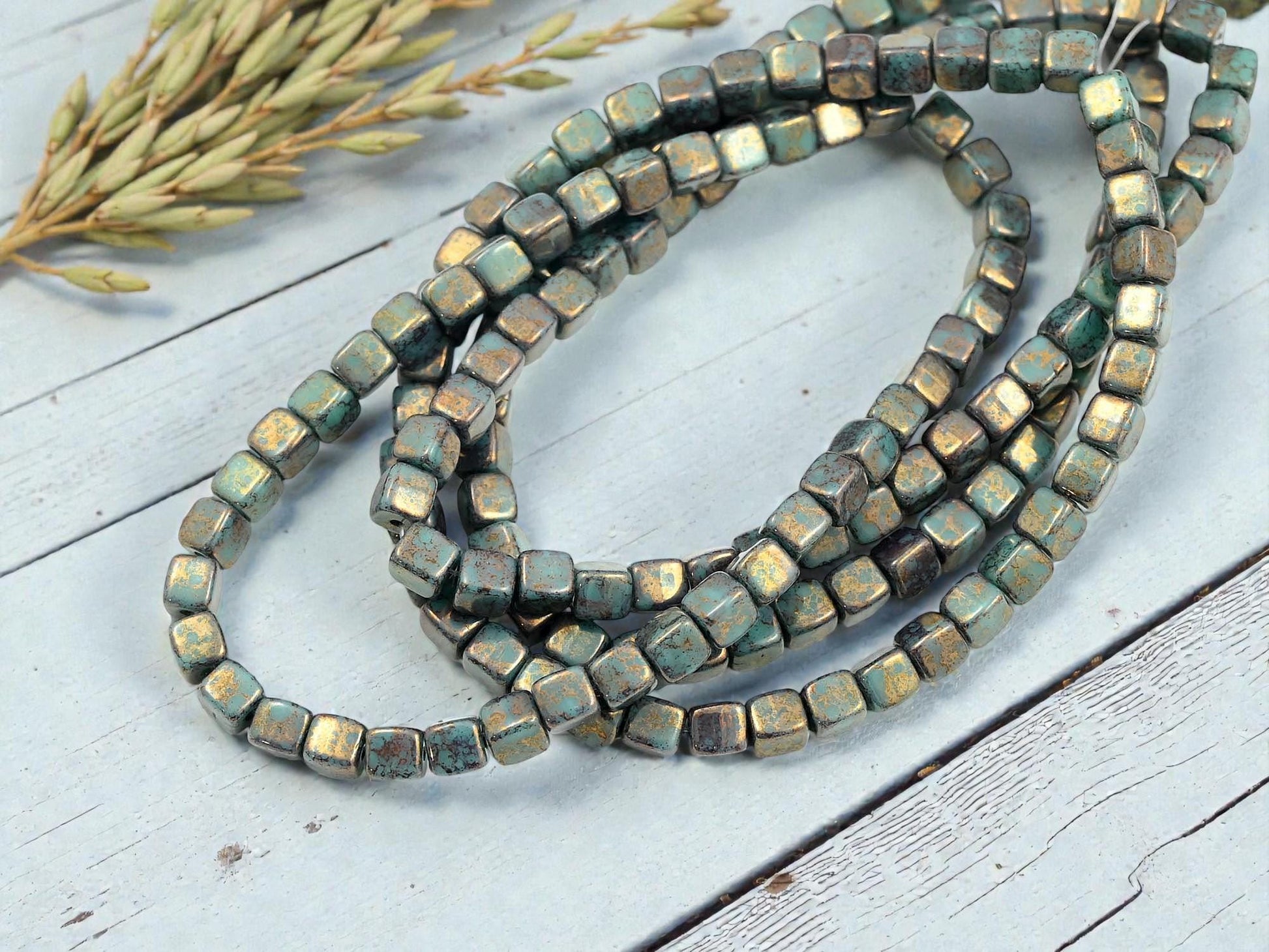 Czech Glass Cube Beads - Turquoise Bronze Picasso - 4mm - 40pcs - (132)