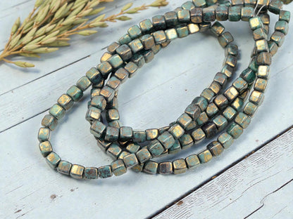 Czech Glass Cube Beads - Turquoise Bronze Picasso - 4mm - 40pcs - (132)