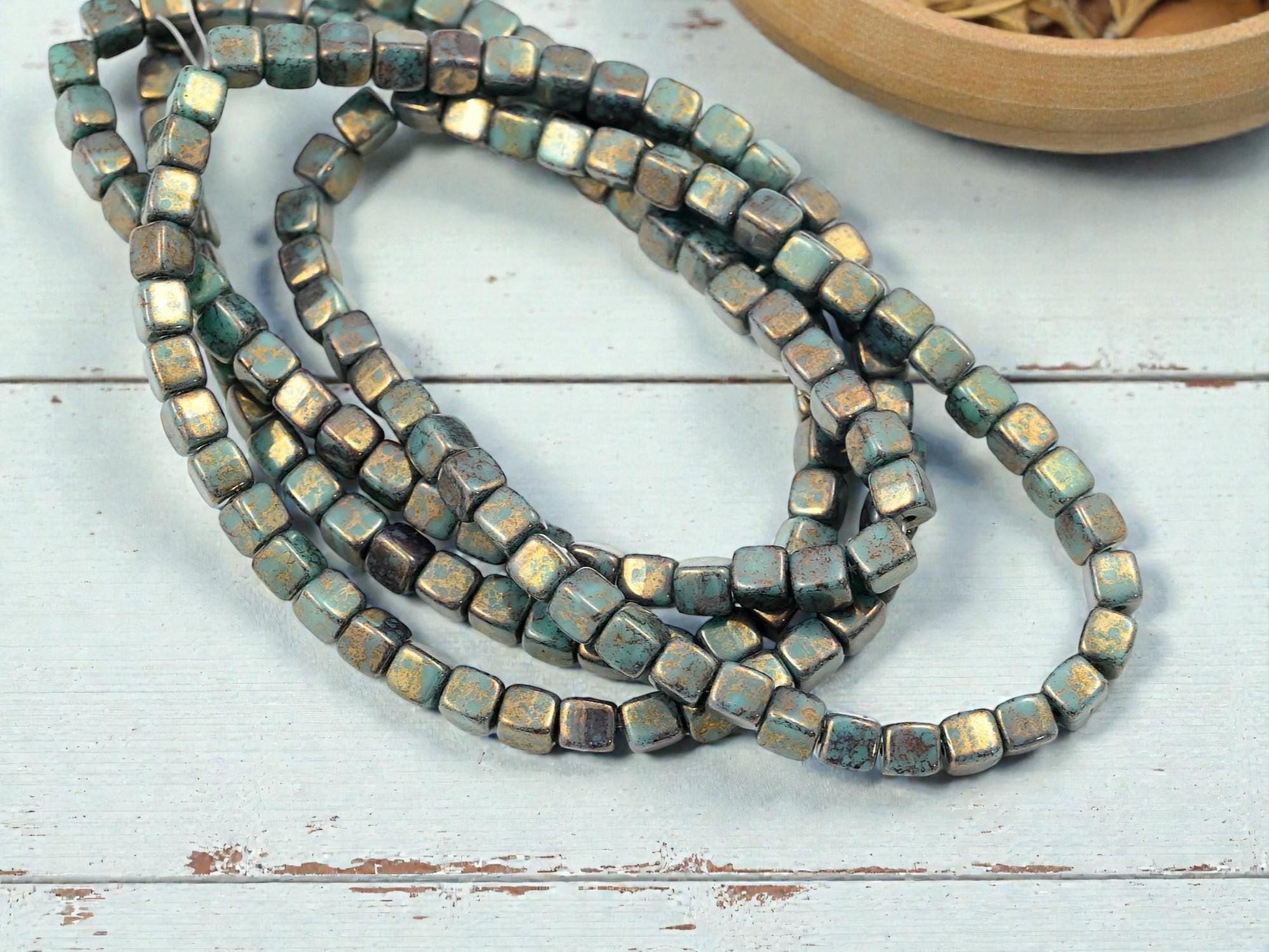 Czech Glass Cube Beads - Turquoise Bronze Picasso - 4mm - 40pcs - (132)