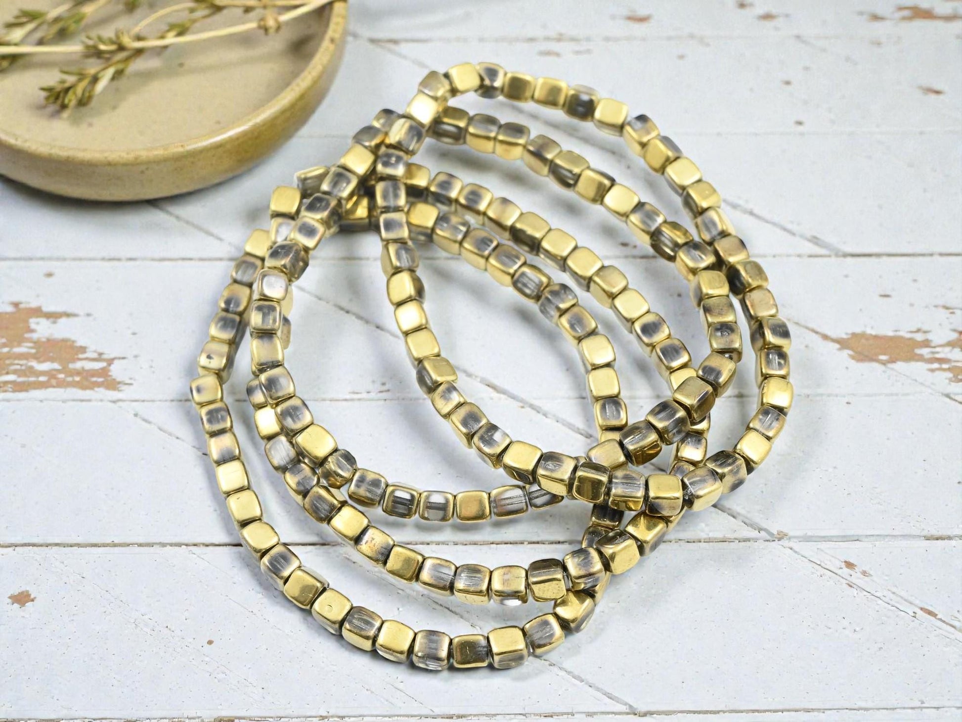 Czech Glass Cube Beads - Gold Washed Crystal - 4mm - 40pcs - (5702)