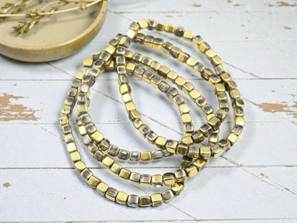 Czech Glass Cube Beads - Gold Washed Crystal - 4mm - 40pcs - (5702)