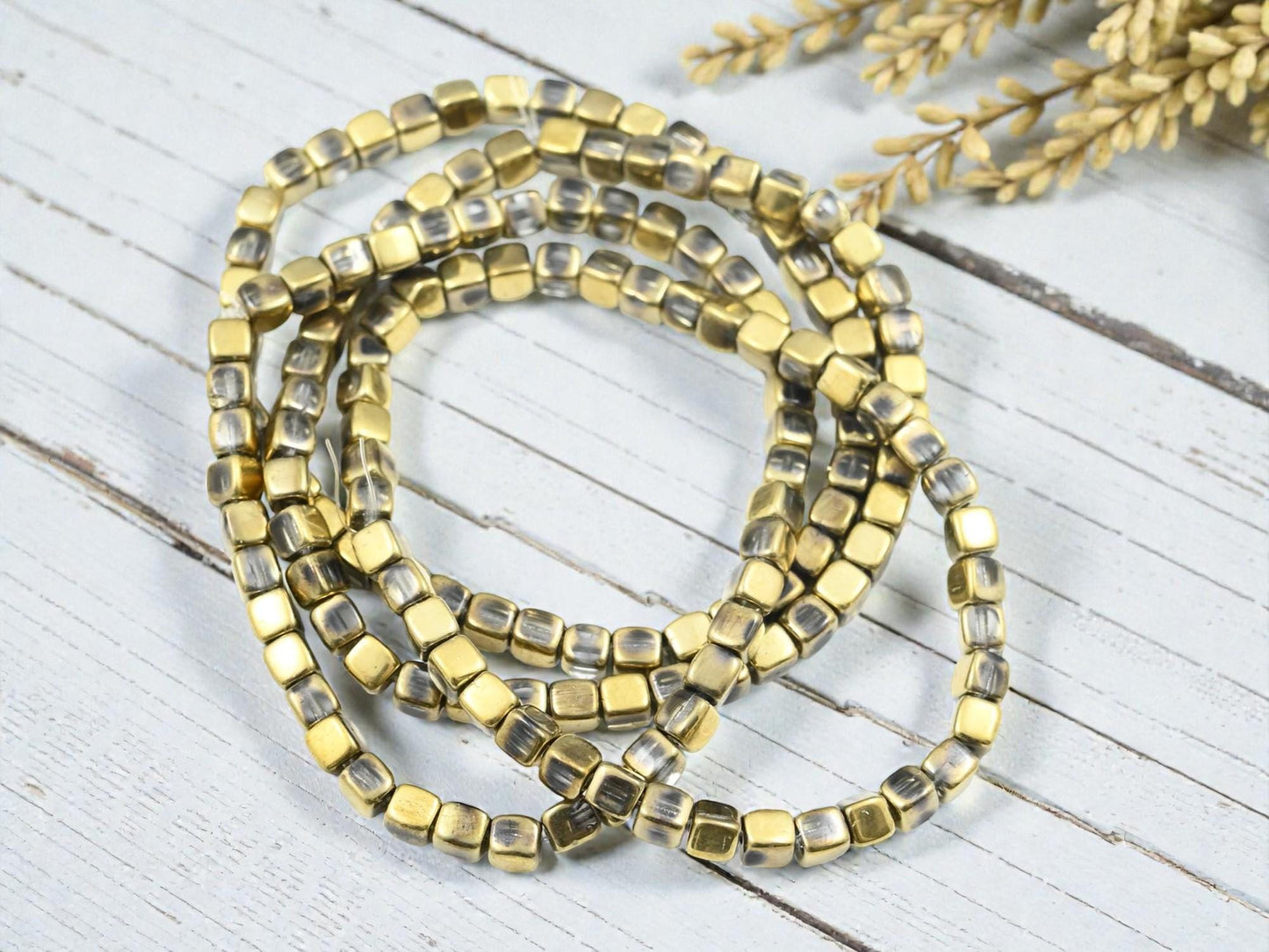 Czech Glass Cube Beads - Gold Washed Crystal - 4mm - 40pcs - (5702)