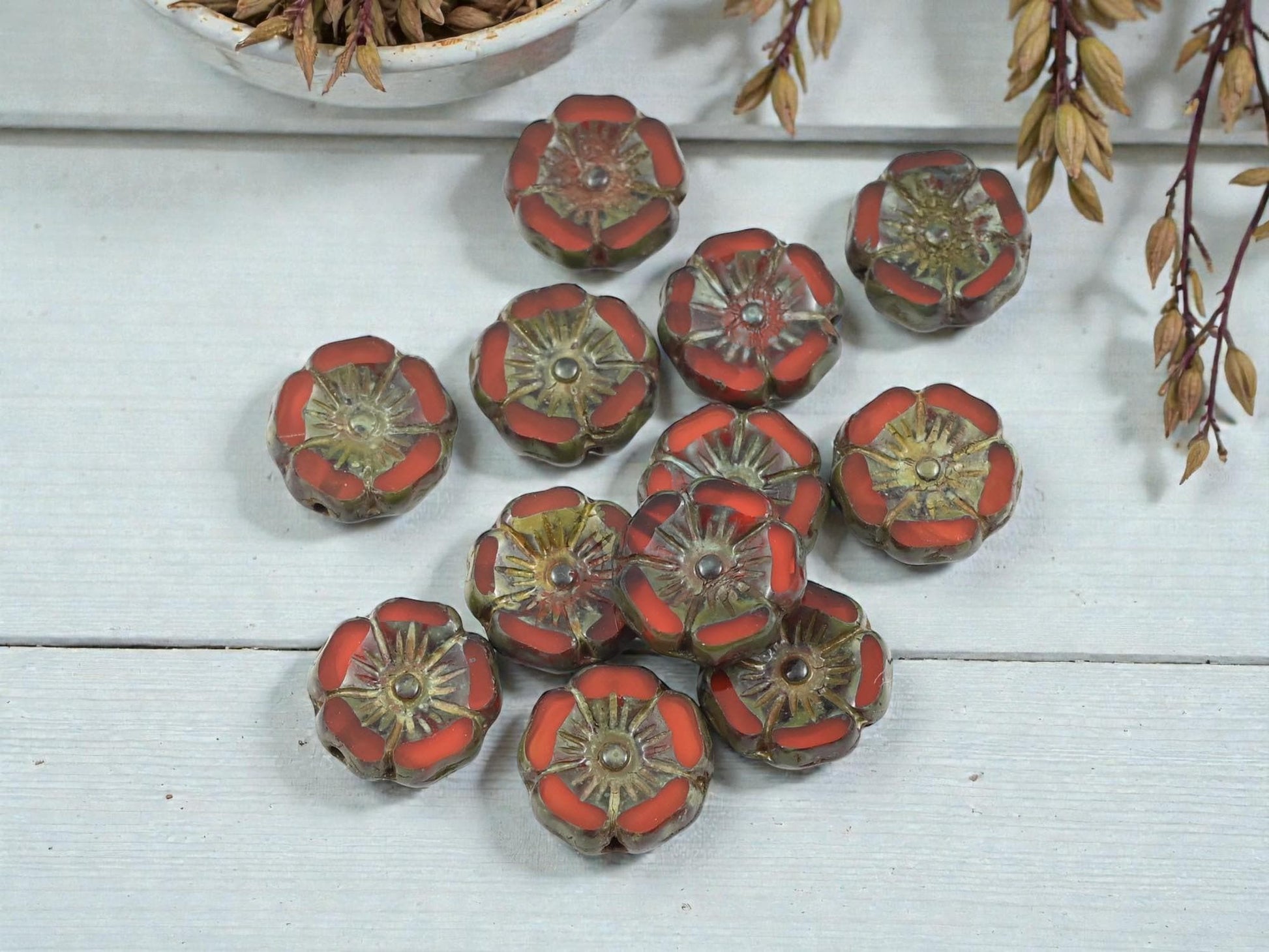 Picasso Beads - Czech Glass Beads - Hawaiian Flower Beads - Czech Glass Flowers - 12mm - 12pcs - (A459)