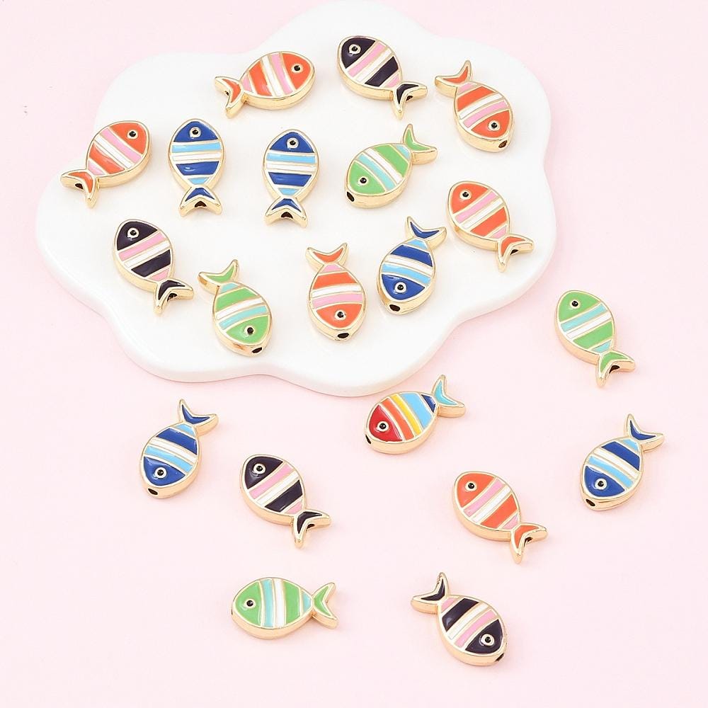 Gold Surrounding Multicolor Enamel Fish Beads - Whimsical - 16x9mm - 10pcs - (2867)