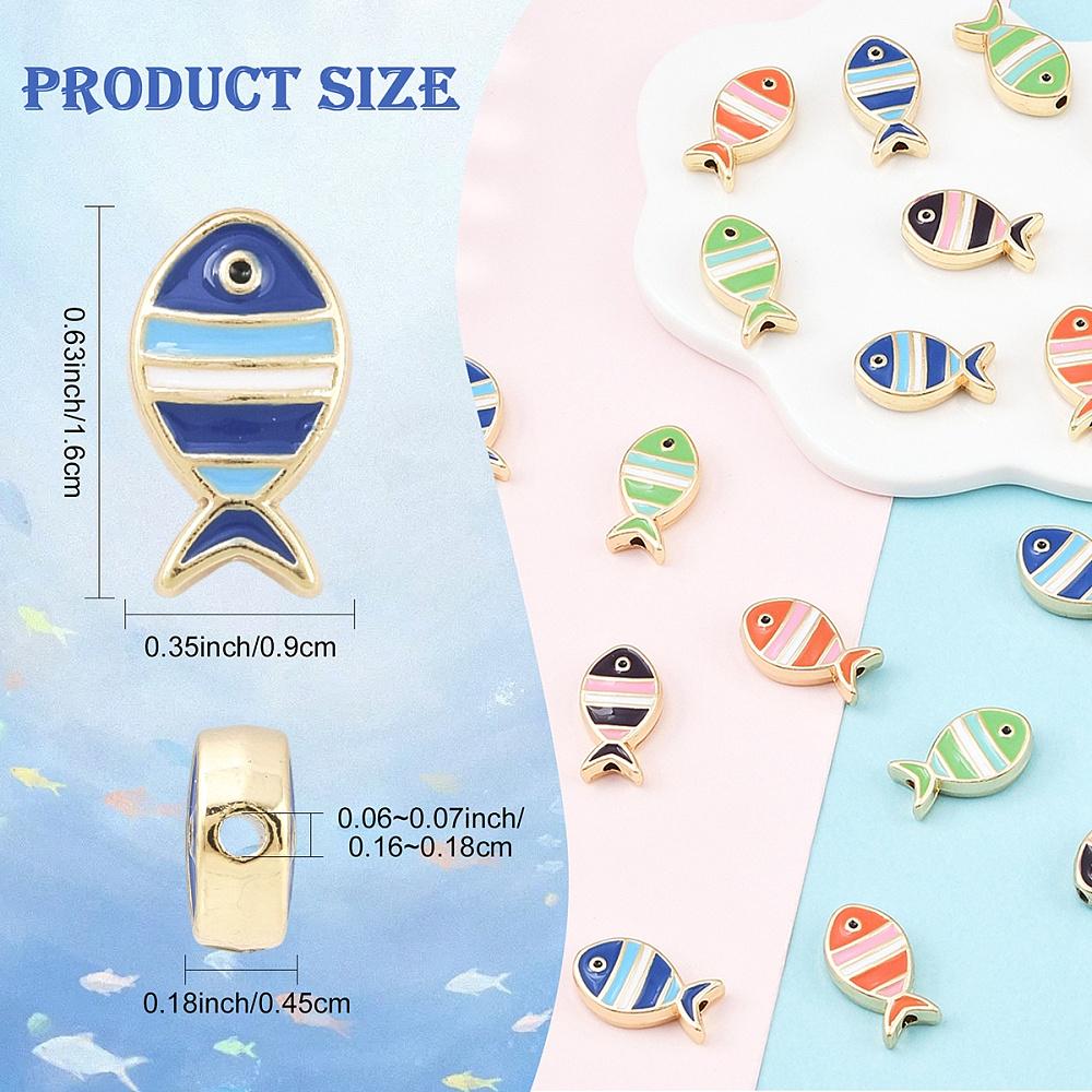 Gold Surrounding Multicolor Enamel Fish Beads - Whimsical - 16x9mm - 10pcs - (2867)