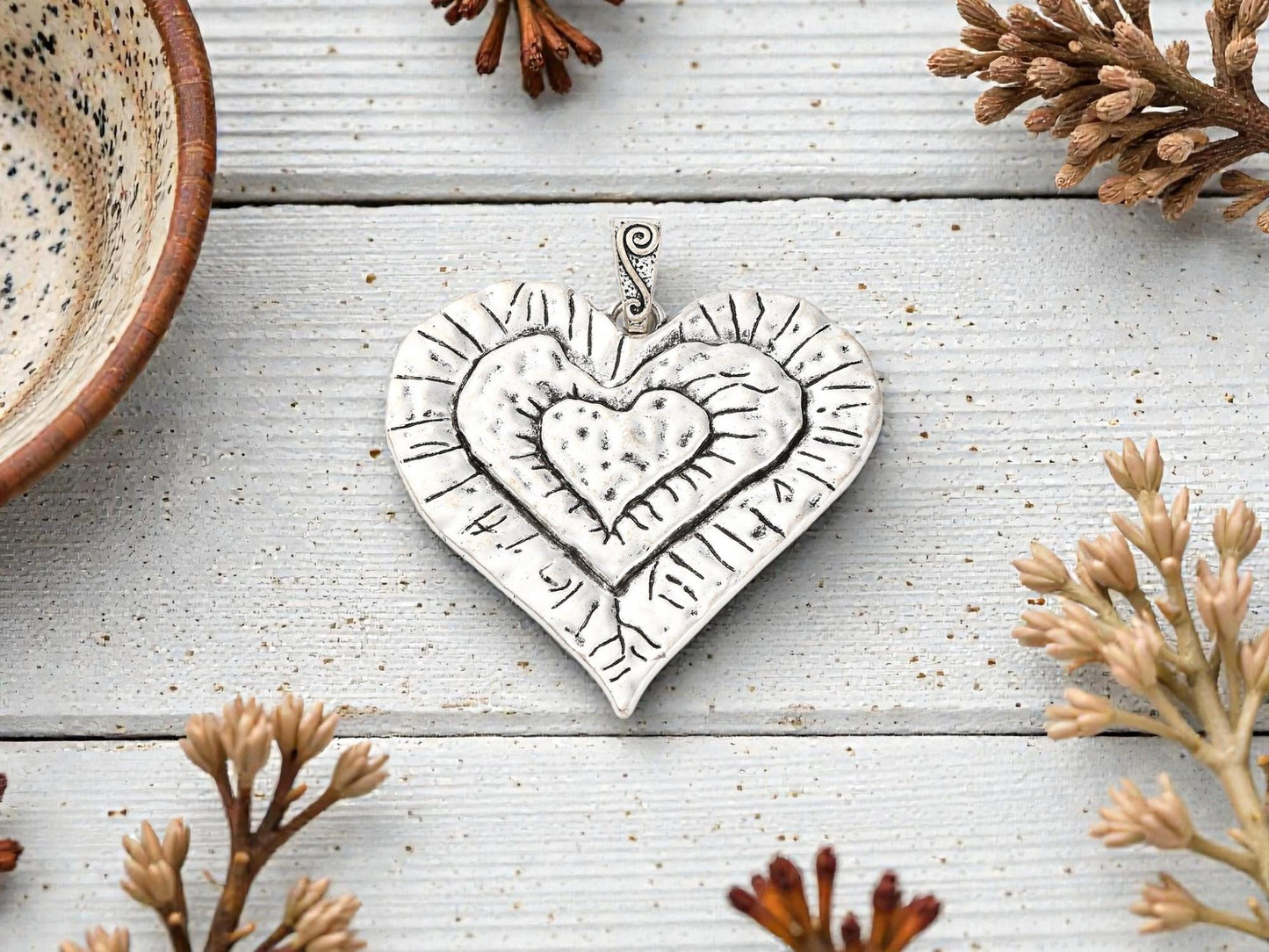 Antique Silver Metal Large Heart Pendant - 68mm - 1pc - (3171)