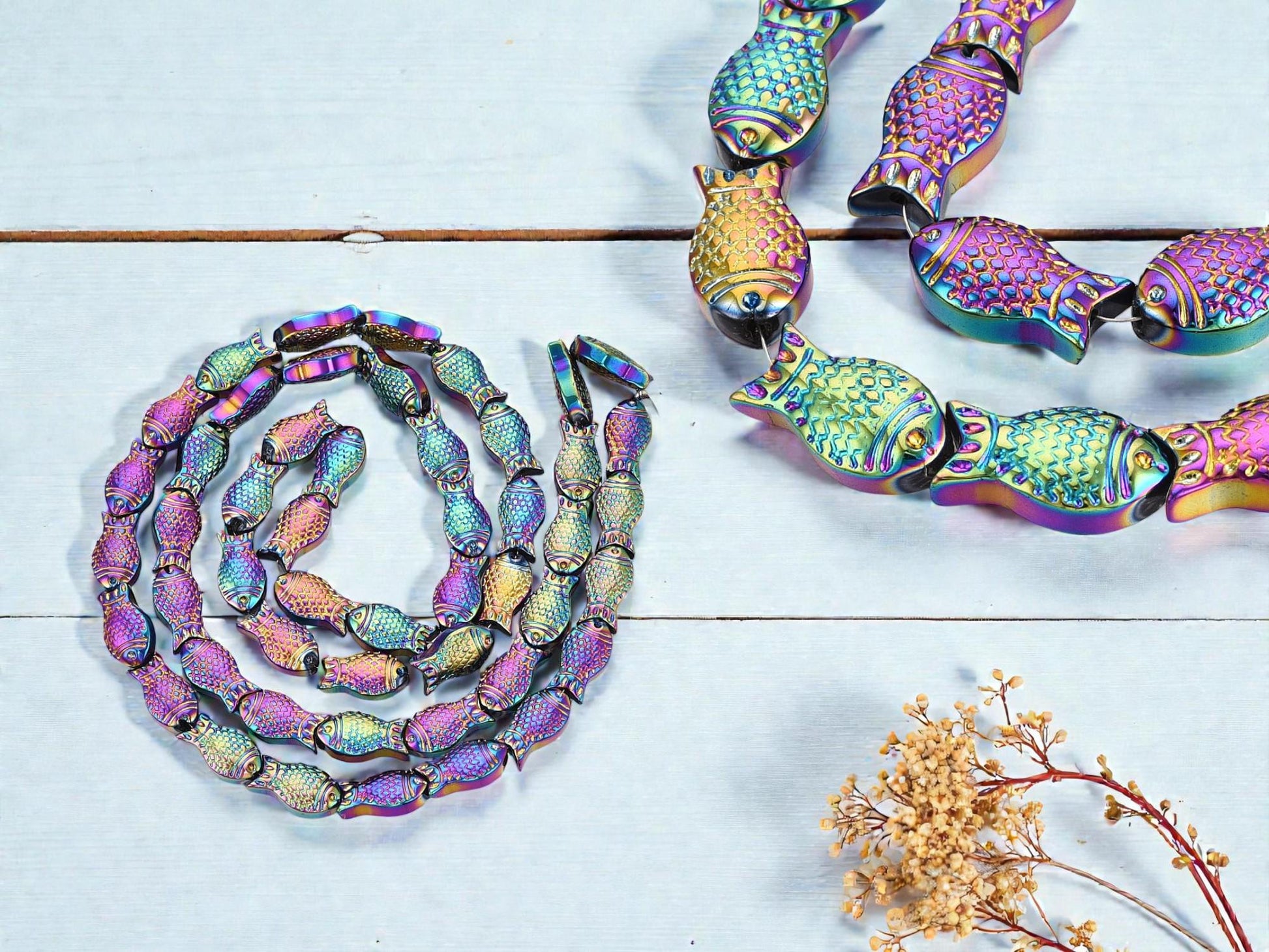Metallic Rainbow Electroplated Chinese Glass Fish Beads - 27 inch strand - 15x8mm - (B290)