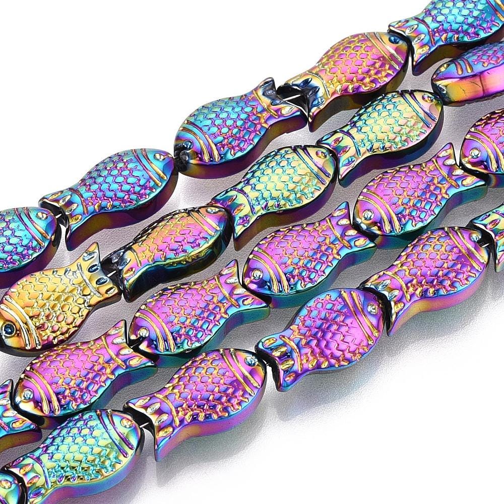 Metallic Rainbow Electroplated Chinese Glass Fish Beads - 27 inch strand - 15x8mm - (B290)