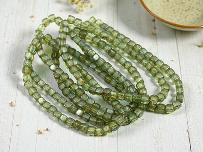 Czech Glass Cube Beads - Green Aqua Picasso - 4mm - 40pcs - (3846)